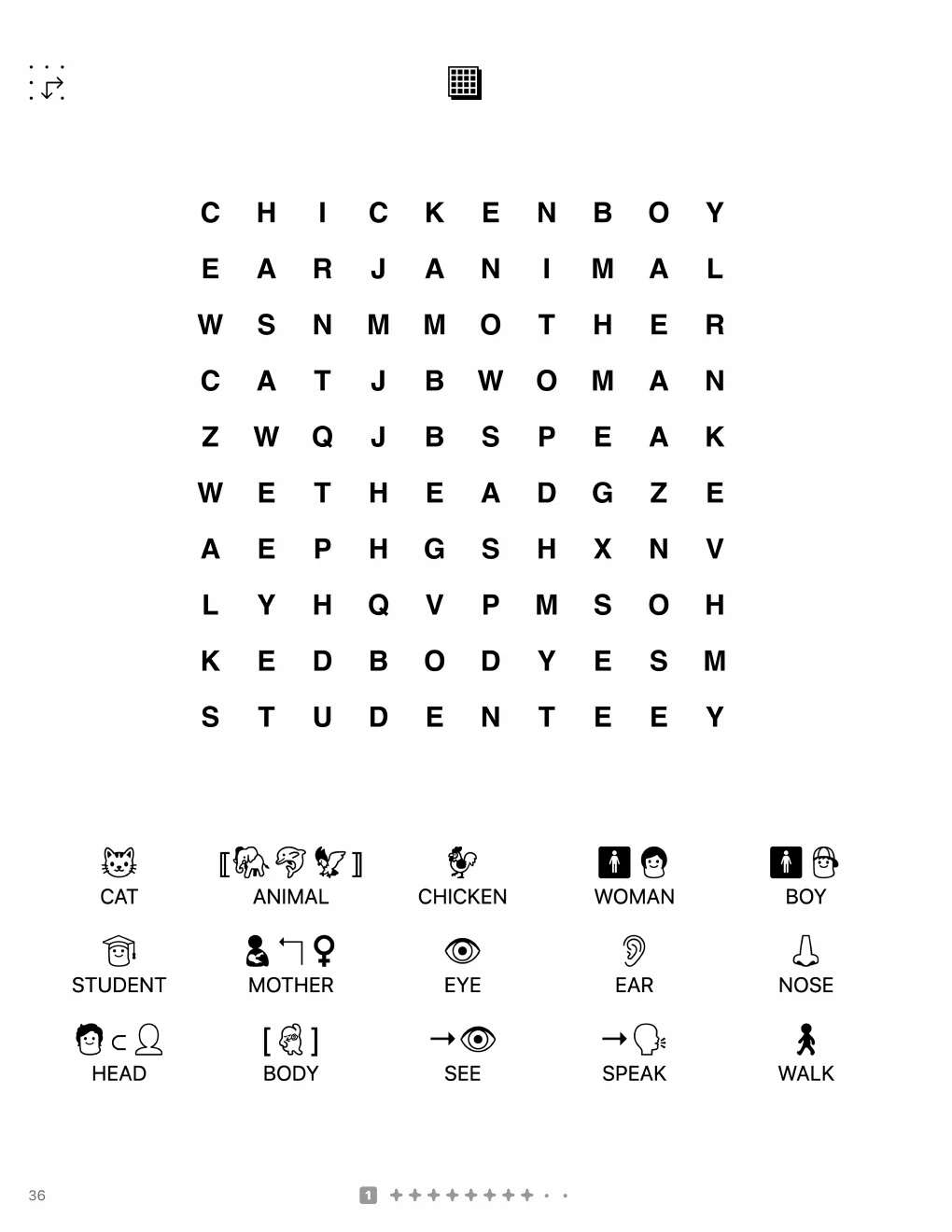 English word searches for Japanese speakers: Animals and people word search