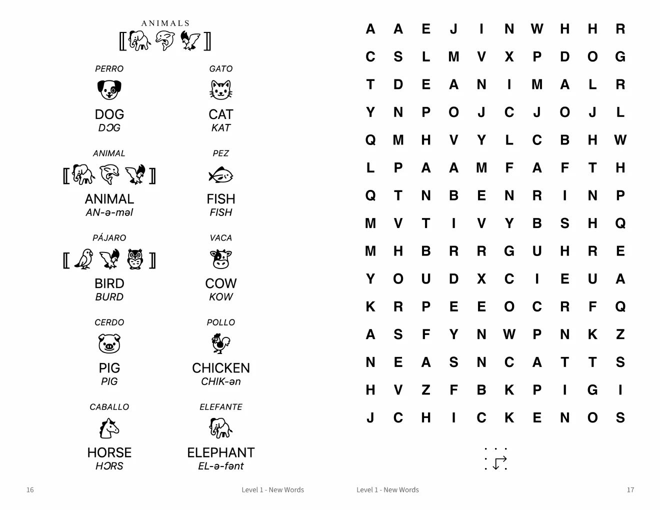 English word searches for Spanish speakers: Animals: two directions