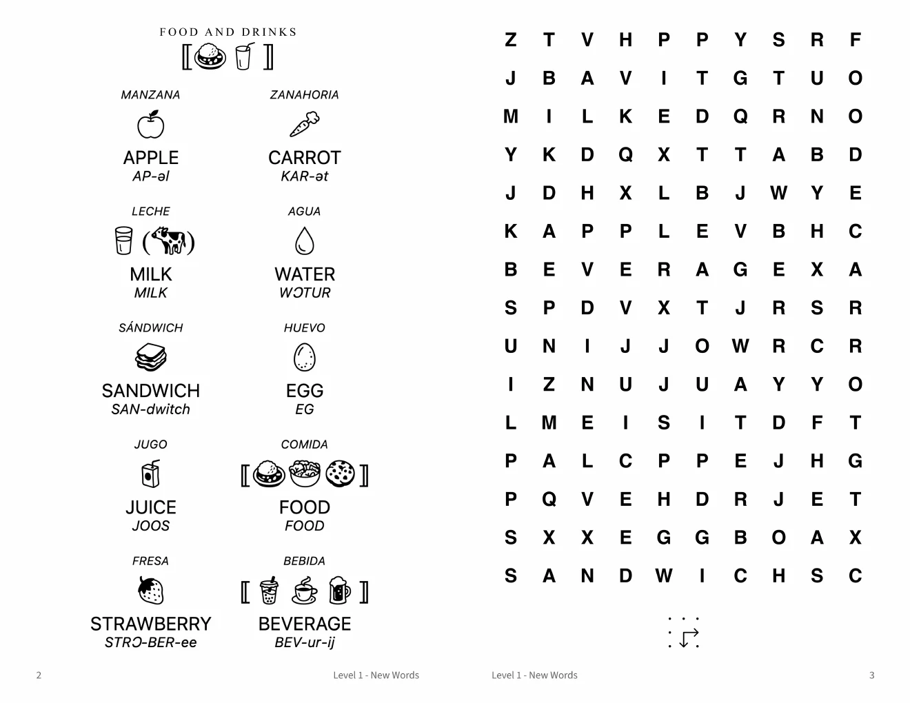 English word searches for Spanish speakers printable preview