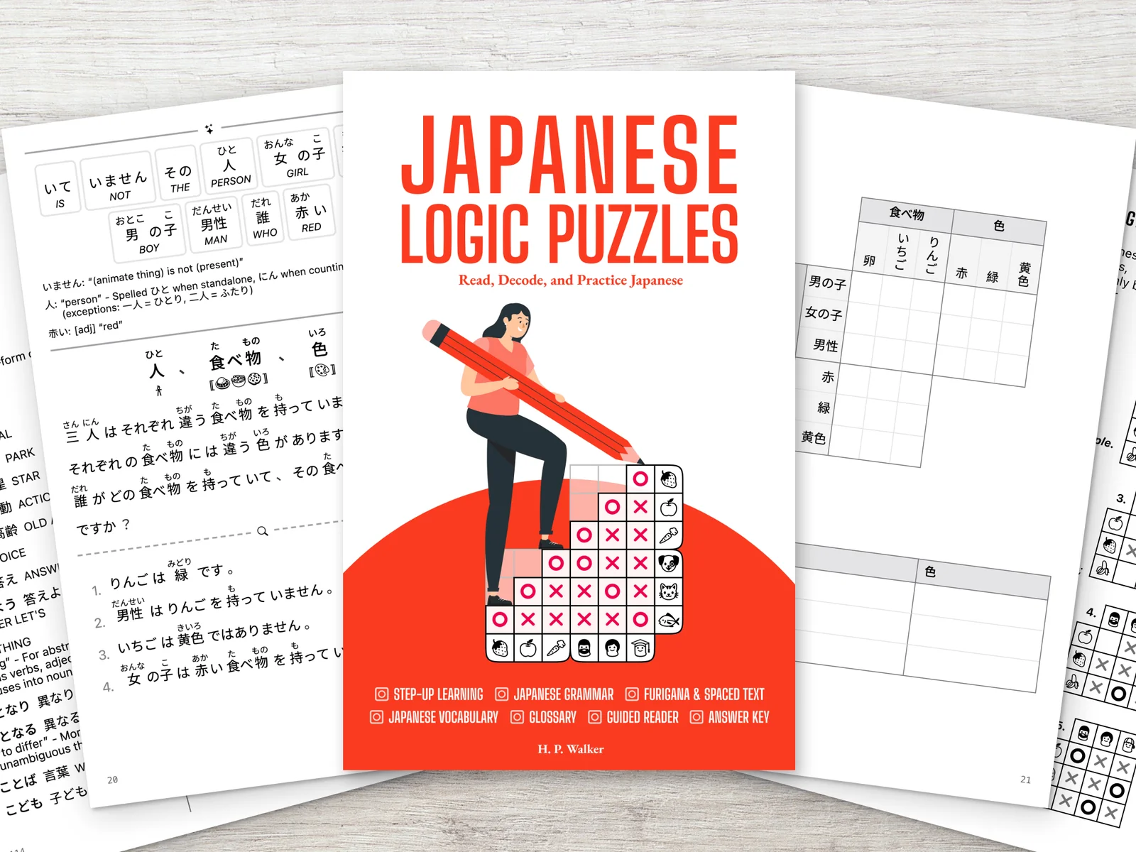 Red and white Japanese Logic Puzzles cover with sample reading clues and logic grids