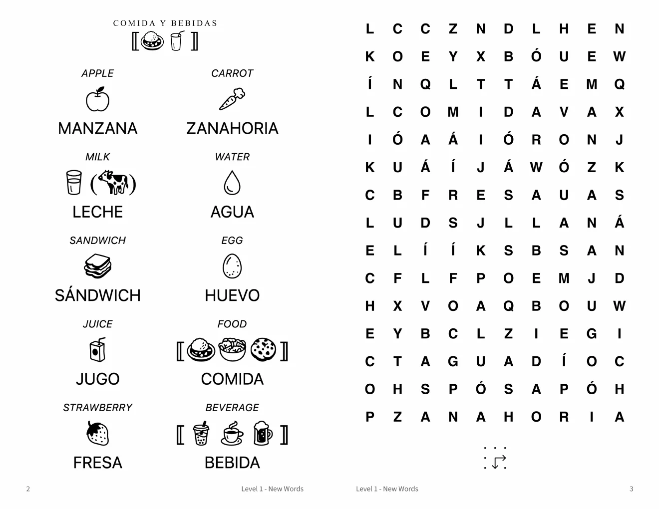 Spanish word searches: Food and drink: two directions