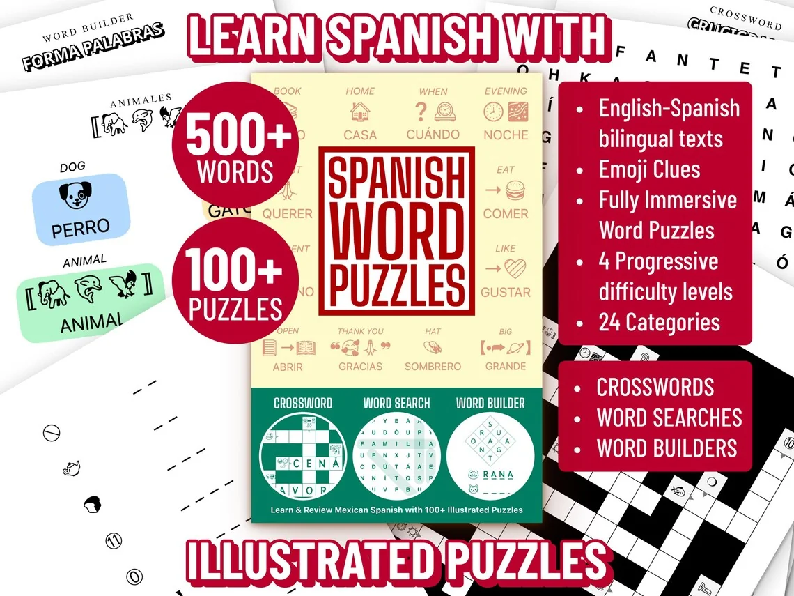 Spanish Word Puzzles cover with examples of crosswords, word searches and word builders